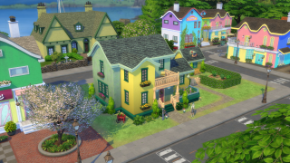In-game screenshot of a neighbourhood with colorful homes in The Sims 4