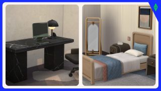 Split image showing modern Sims 4 furniture: left features a black marble desk with a computer and lamp; right shows a bedroom with a wooden bed, blue bedding, and a full-length mirror.