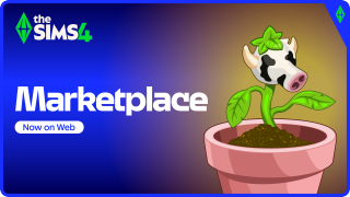 The Sims 4 Marketplace promotional image featuring a cartoon cow plant in a pot with "Now on Web" text.