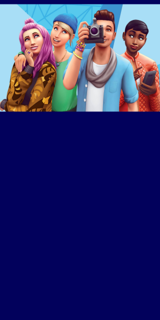 4 Sims stand side-by-side with a fractal graphic as the background