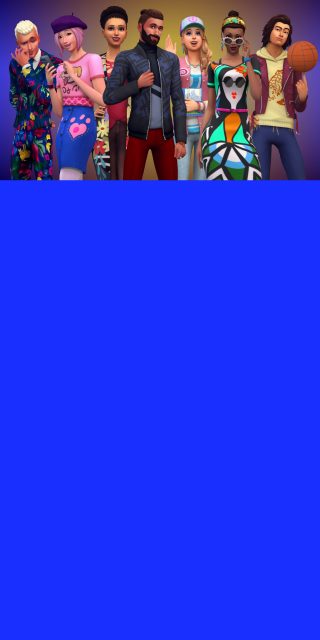 The Sims 4의 캐릭터들이 다양한 패션 아이템을 입고 포즈를 취하며 자랑하는 모습을 보여주는 배경 이미지입니다.