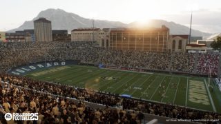 A bird's eye view of the Colorado Stadium Football Field from College Football 25