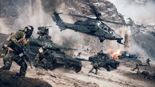 An assortment of military vehicles and soldiers including tanks, helicopter, and armored vehicle advancing on a rocky battlefield with mountains behind them. 
