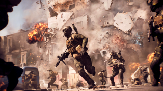 Soldiers in combat gear advance amidst smoke and chaos, with a building collapsing in the background, capturing the intensity of Battlefield 6 warfare.
