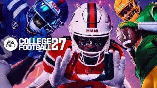 EA SPORTS College Football 27 key art featuring players from Ole Miss, Miami, and Oregon in team uniforms, with fireworks in the background.
