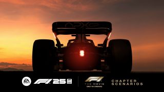 Rear view of a Formula 1 race car at sunset with F1 25 logo and movie promo.