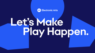 Image reads: "Electronic Arts; Let's make play happen." Laid over a dark blue background with blue geometric shapes.