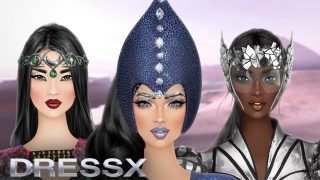 Three women wearing futuristic headpieces and metallic gowns by DRESSX