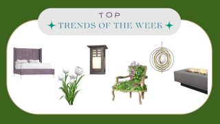 Design Home top items of the week featuring a bed frame, white tulips, lamp, garden chair, lamp and fireplace