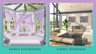A white and lilac themed bedroom design by Margo Kheiredden and a neutral coloured living room design by Cheryl Pederson