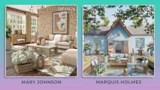 A living room design by Mary Johnson and an exterior lounge area design by Marquis Holmes