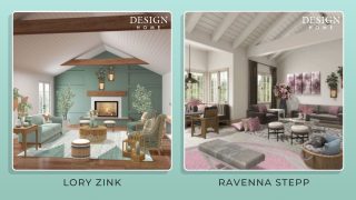 A green and wood themed living area design by Lory Zink and a white, pink and grey living area design by Ravenna Stepp