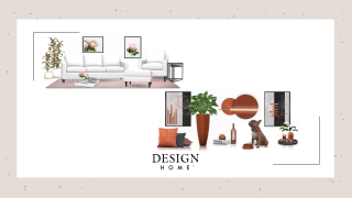 Image depicting 2 furniture sets - one a white and pink themed set consisting of potted plants, a couch and wall paintings, the other a dark brown themed set with cushions and a bulldog with a food bowl.