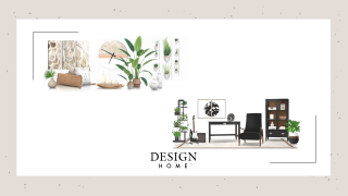 Image depicting 2 furniture sets - one a light beige themed set consisting of potted plants, candles and a wall clock, the other a dark brown themed set with an arm chair, electric guitar and glass-paneled cabinet.