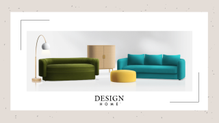 A set of furnishing including a green and teal couch, a floor lamp and wood cabinet