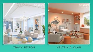 Two interior designs: Tracy Sexton's white and blue living room and Yeltzin A. Olan's white and orange child's bedroom.