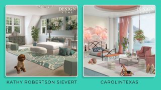 Two interior designs: Kathy Roberson Sievert's white and green bedroom with Carolintexas' peach accented bedroom