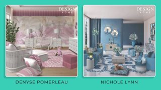 2 interior designs: Denyse Pomerleau's white and pink nursery and Nichole Lynn's blue accented living room