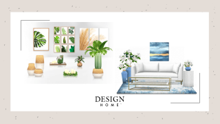 2 sets of furnishing. One features rattan and wood decor, the other, a white and blue themed living room set.