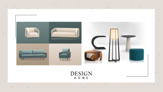 2 sets of furnishing. One features white and teal couches and armchairs, the other, a variety of decor items such as side tables and a floor lamp