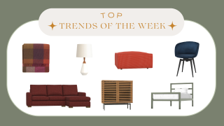 A collage of furnishing including a red ottoman, a white table lamp and a burgundy sofa.
