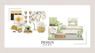 2 sets of furnishings. One features yellow accented wall paintings and planters, the other, a green accented couch and green vases.