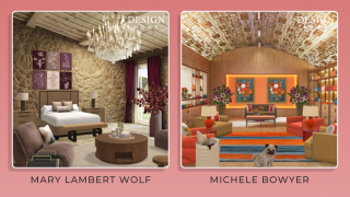 Two interior designs: Mary Lambert Wolf's elegant bedroom with chandelier, Michele Bowyer's vibrant living room with colorful decor and a dog.