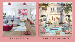 Two design rooms: Emily Rebecca's modern interior with pink accents; Zeanne Cox Hallback's elegant outdoor setting with pastel decor.