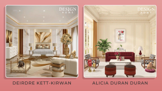Elegant interior designs: Deirdre Kett-Kirwan's modern bedroom and Alicia Duran Duran's classic living room with rich decor and furnishings.