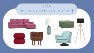 A collage of furnishing including a dark pink couch, ottomans, a floor lamp and a dark wood nightstand