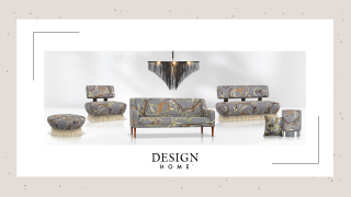 Various types of seating furniture with a grey print featuring crocodiles and vines