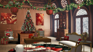 Christmas themed interior design room with red and green colors