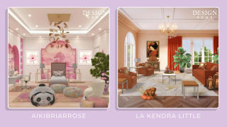 Two room designs in Design Home: Aikibriarrose features a pink-themed bedroom; La Kendra Little showcases a warm, elegant living room with a dog.