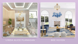 Two interior design rooms: one by Linda Alice Flanagan with warm tones, the other by Bee Huyen with cool blue accents and elegant decor.