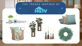 A collection of items inspired by HGTV including a wreath, cushions, candle holder and planters