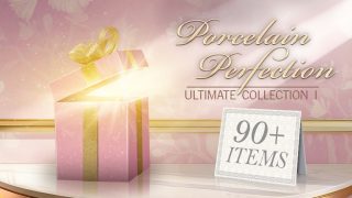 A side table with a half opened gift box with light emanating from inside on it along with a tent card with the words "90+ items" on it