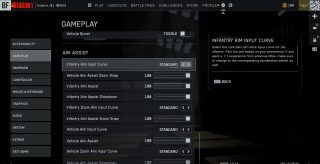 A settings screen from Battlefield 6, featuring various gameplay controls for Aim Assist. "Infantry Aim Input Curve" is selected.