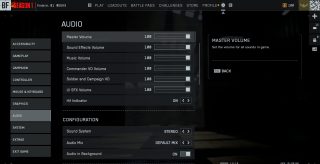 A settings screen from Battlefield 6, featuring various audio volume settings.