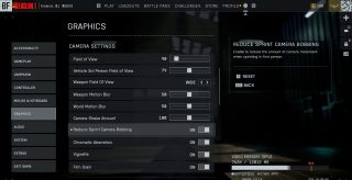 A settings screen from Battlefield 6, showing various camera settings and adjustments.