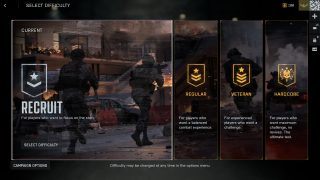 A starting screen from Battlefield 6, allowing players to pick from various difficulty modes.