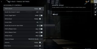 A settings screen from Battlefield 6, featuring various gameplay controls. "Infantry Sprint" setting is selected.