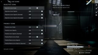 A settings screen from Battlefield 6, showing various settings for icon sizes and opacity.