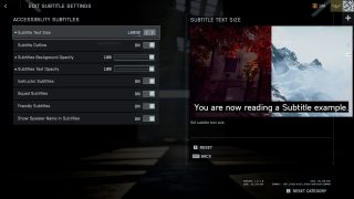 A settings screen from Battlefield 6, showing customizations for subtitle appearance.