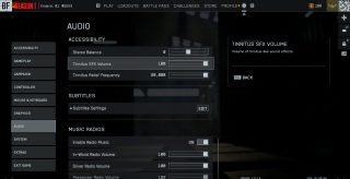 A settings screen from Battlefield 6, featuring audio controls. "Tinnitus SFX Volume" is selected.