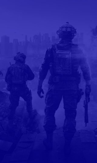 Imagery for Battlefield 6 showing soldiers on a war-torn land, with a heavy blue color overlaid on top.