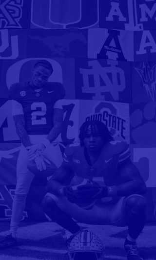 Blue Tint image featuring College Football athletes Ryan Williams from Alabama Crimson Tide and Jeremiah Smith from Ohio State posing in front of a big flag with all the other College Football teams