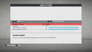 The picture shows the game settings for VOLTA FOOTBALL Audio listed below. 