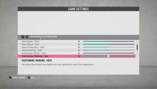 The picture shows the User Player Customisation Game Settings listed below.