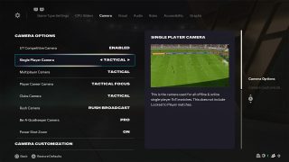 Camera Settings screen from FC 26, wherein Single Player Camera setting is selected and set to Tactical, alongside a preview.