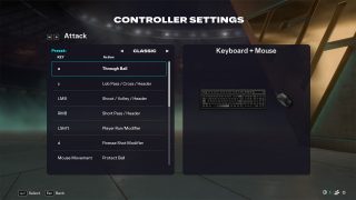 Controller Settings screen in FC 26, displaying control mapping under the Classic preset on a keyboard and mouse.
